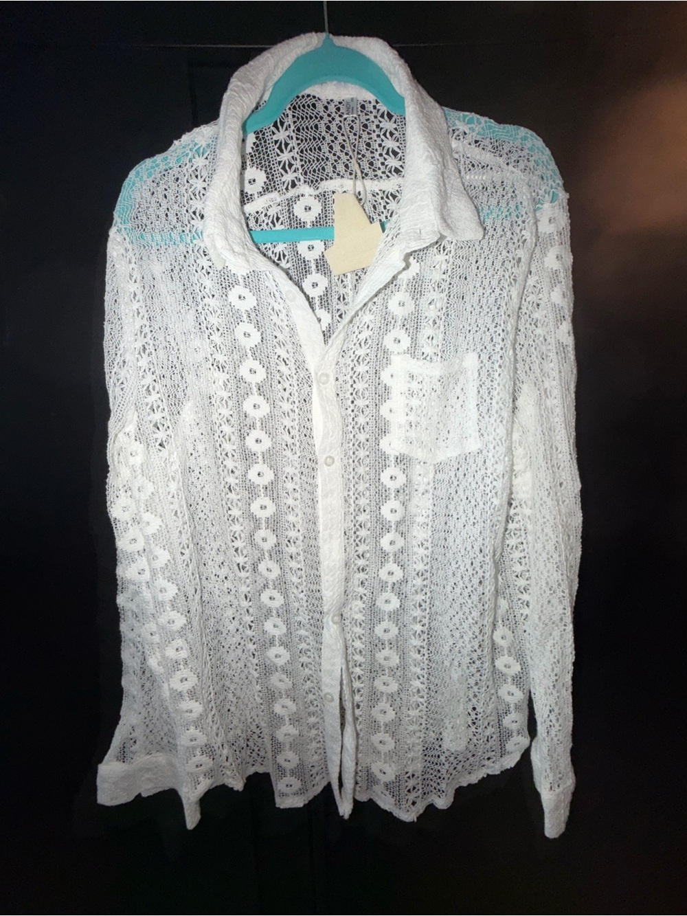 NWT COOFANDY White Crochet Button-Up Shirt